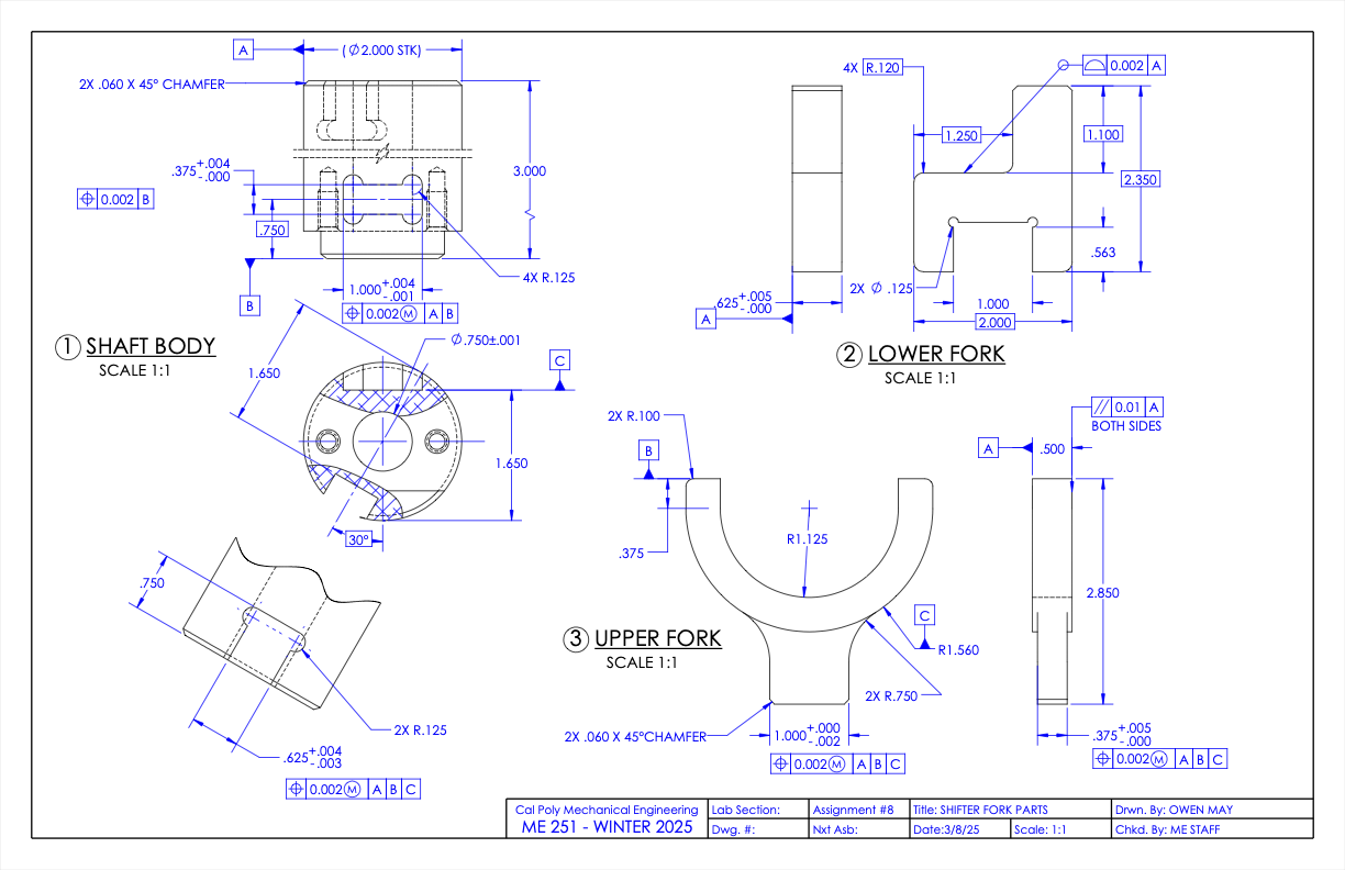 Shifter fork bill of materials and drawing